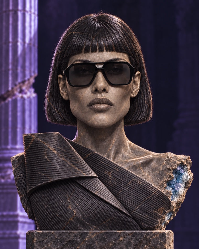 AI statue study of Ink with a sculptural black bob and graphite folded top, styled in AUR-002 Black / Smoke.