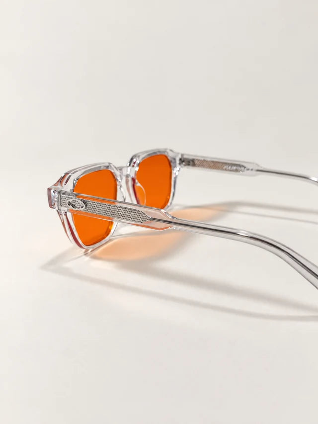 AUR-001-BB C2, clear / orange, rear temple detail view.