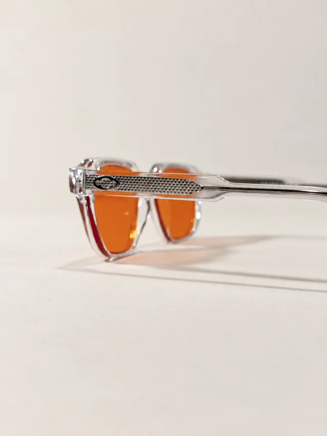 AUR-001-BB C2, clear / orange, temple detail view.