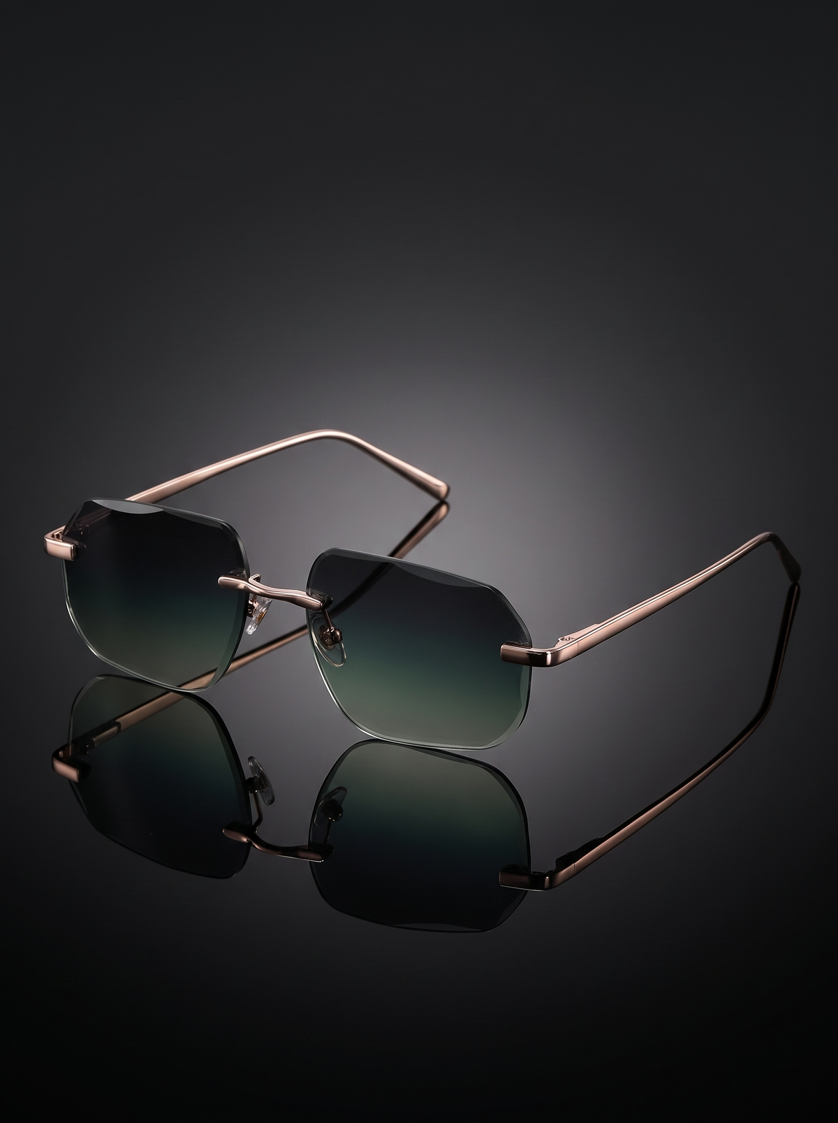 AUR-011 Specter rimless square sunglasses, green — Supplier photograph, AI re-staged (blended)