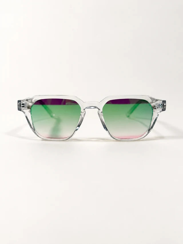 Auracle AUR-001 C2. Front view of clear square sunglasses with reflective lenses showing green, purple and pale pink.